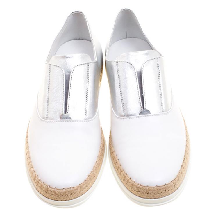 Pre Owned Tod's Metallic Silver and White Leather Francesina Espadrille Slip On Sneakers Size 37.5