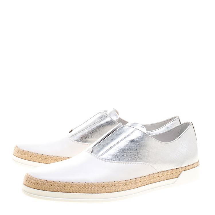 Pre Owned Tod's Metallic Silver and White Leather Francesina Espadrille Slip On Sneakers Size 37.5