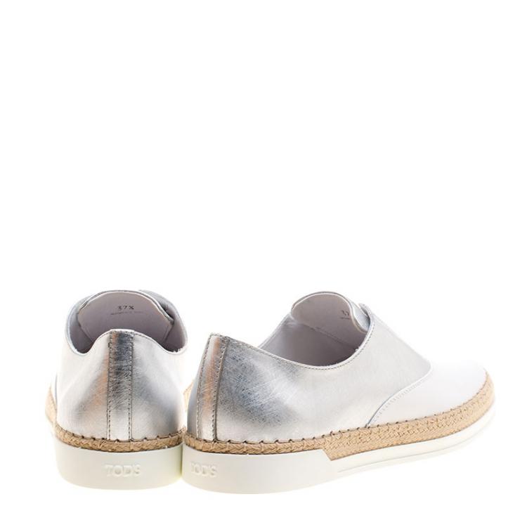 Pre Owned Tod's Metallic Silver and White Leather Francesina Espadrille Slip On Sneakers Size 37.5