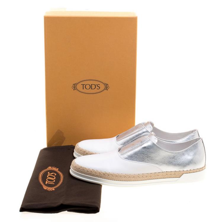 Pre Owned Tod's Metallic Silver and White Leather Francesina Espadrille Slip On Sneakers Size 37.5