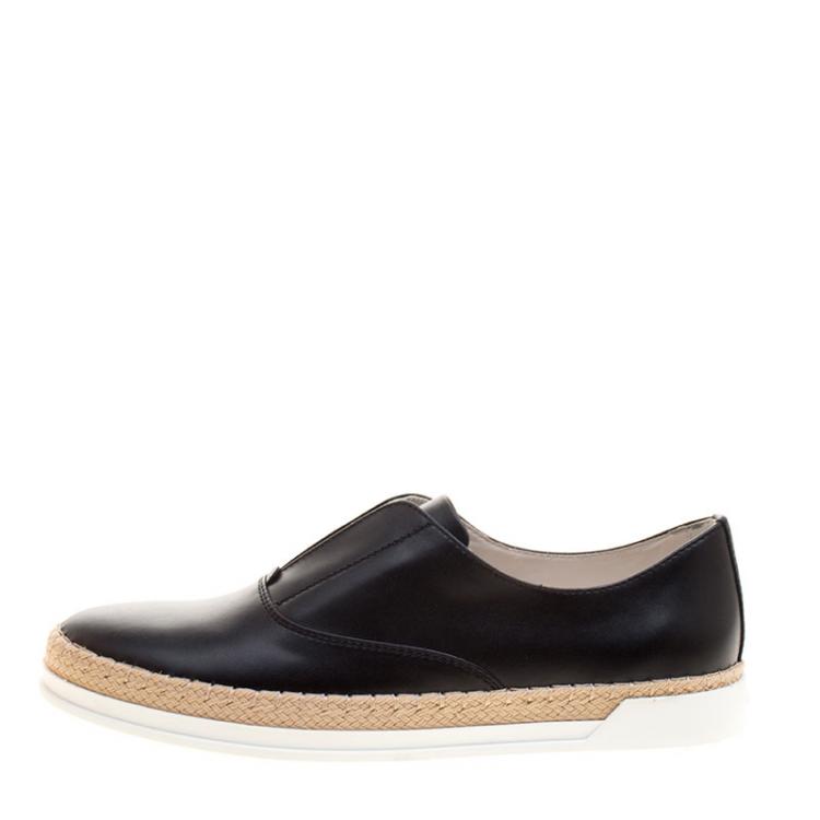 Pre Owned Tod's Black Leather Francesina Espadrille Slip On Sneakers Size 37.5