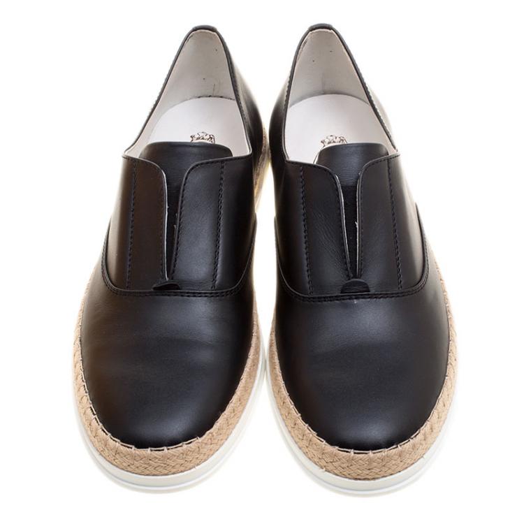 Pre Owned Tod's Black Leather Francesina Espadrille Slip On Sneakers Size 37.5