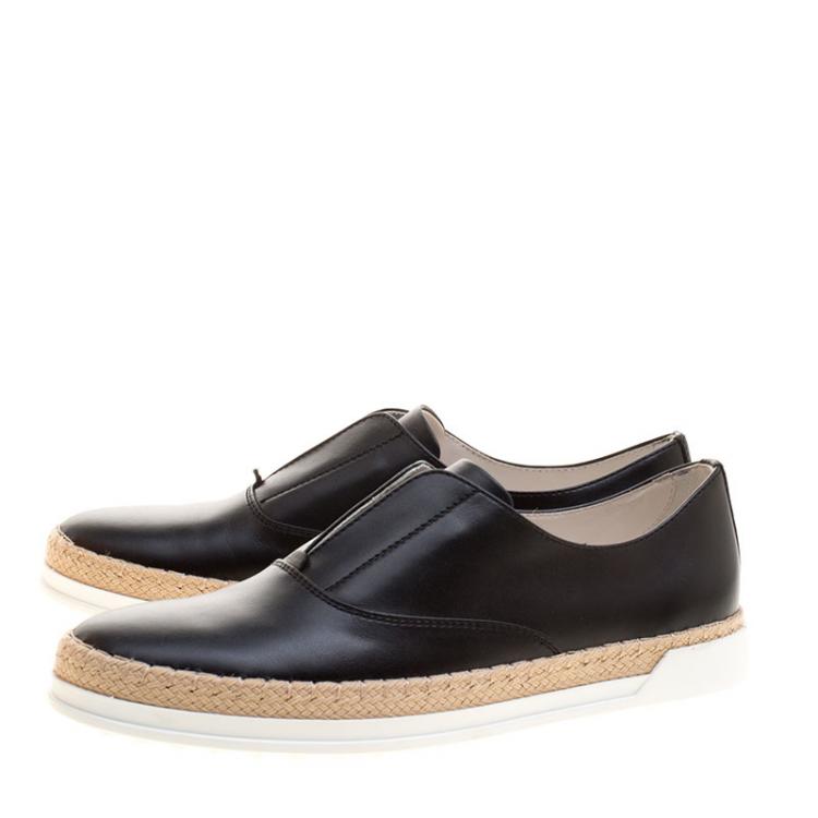 Pre Owned Tod's Black Leather Francesina Espadrille Slip On Sneakers Size 37.5