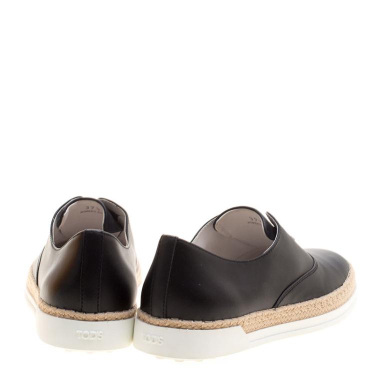 Pre Owned Tod's Black Leather Francesina Espadrille Slip On Sneakers Size 37.5