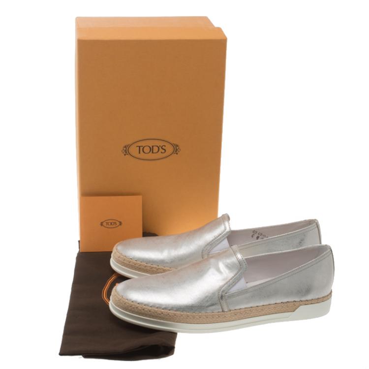 Pre Owned Tod's Metallic Silver Leather Espadrille Skate Sneakers Size 38