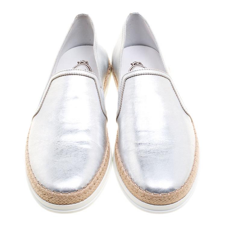Pre Owned Tod's Metallic Silver Leather Pantofola Espadrille Slip On Sneakers Size 39.5