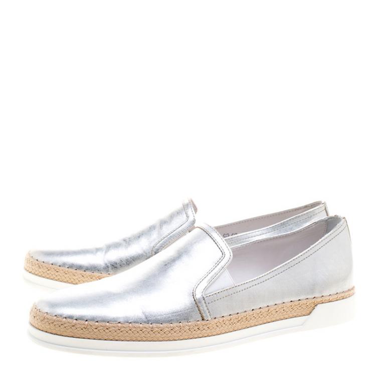 Pre Owned Tod's Metallic Silver Leather Pantofola Espadrille Slip On Sneakers Size 39.5