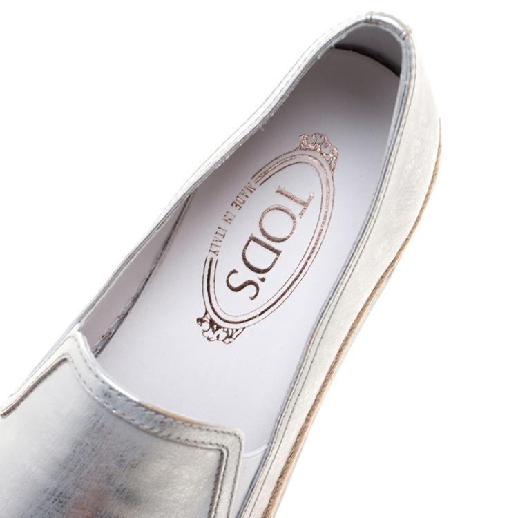 Pre Owned Tod's Metallic Silver Leather Pantofola Espadrille Slip On Sneakers Size 39.5