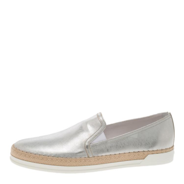 Pre Owned Tod's Metallic Silver Leather Pantofola Espadrille Slip On Sneakers Size 37.5