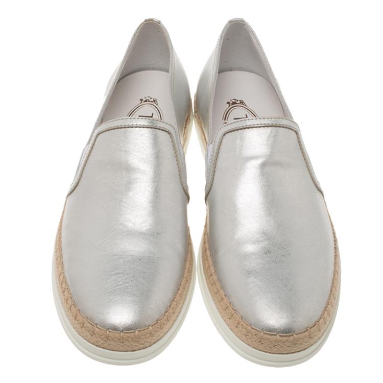 Pre Owned Tod's Metallic Silver Leather Pantofola Espadrille Slip On Sneakers Size 37.5