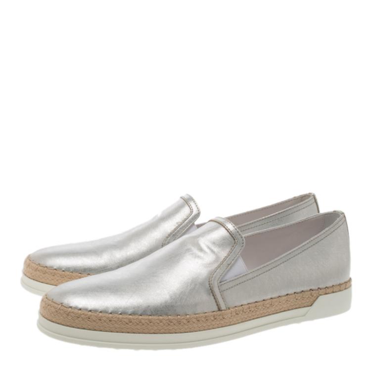 Pre Owned Tod's Metallic Silver Leather Pantofola Espadrille Slip On Sneakers Size 37.5