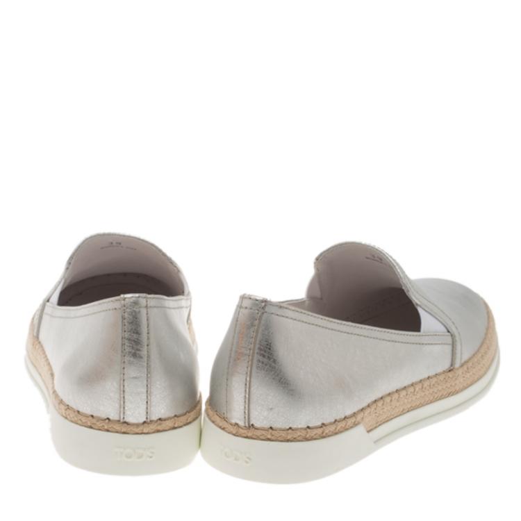 Pre Owned Tod's Metallic Silver Leather Pantofola Espadrille Slip On Sneakers Size 37.5