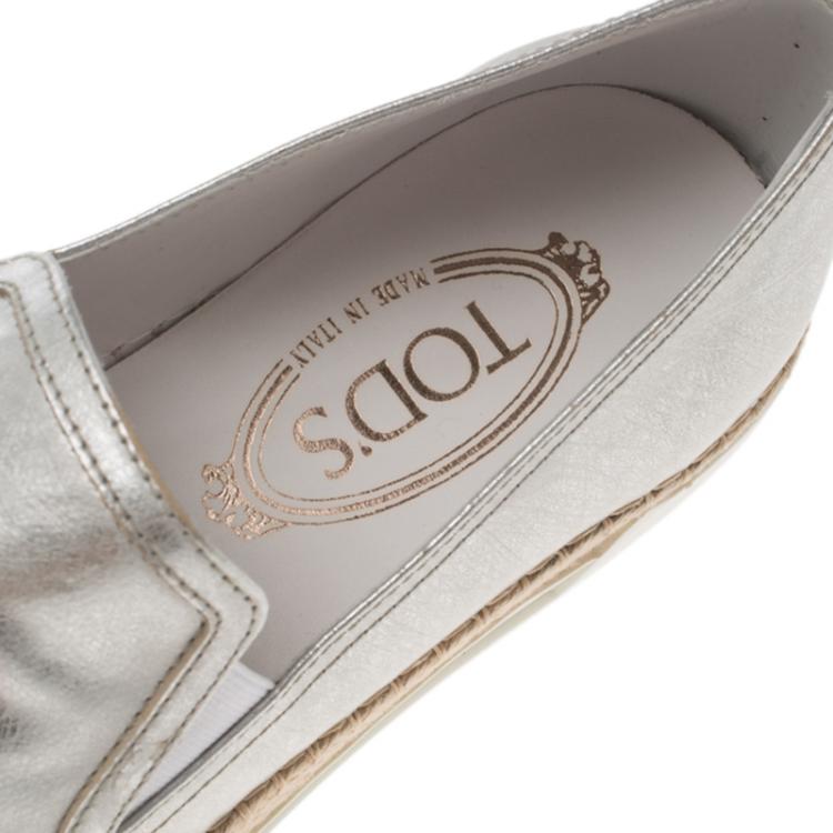 Pre Owned Tod's Metallic Silver Leather Pantofola Espadrille Slip On Sneakers Size 37.5