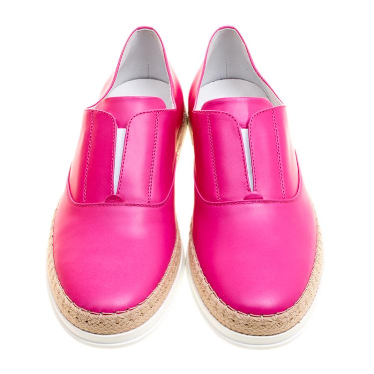 Pre Owned Tod's Fuschia Pink Leather Francesina Espadrille Slip On Sneakers Size 37.5