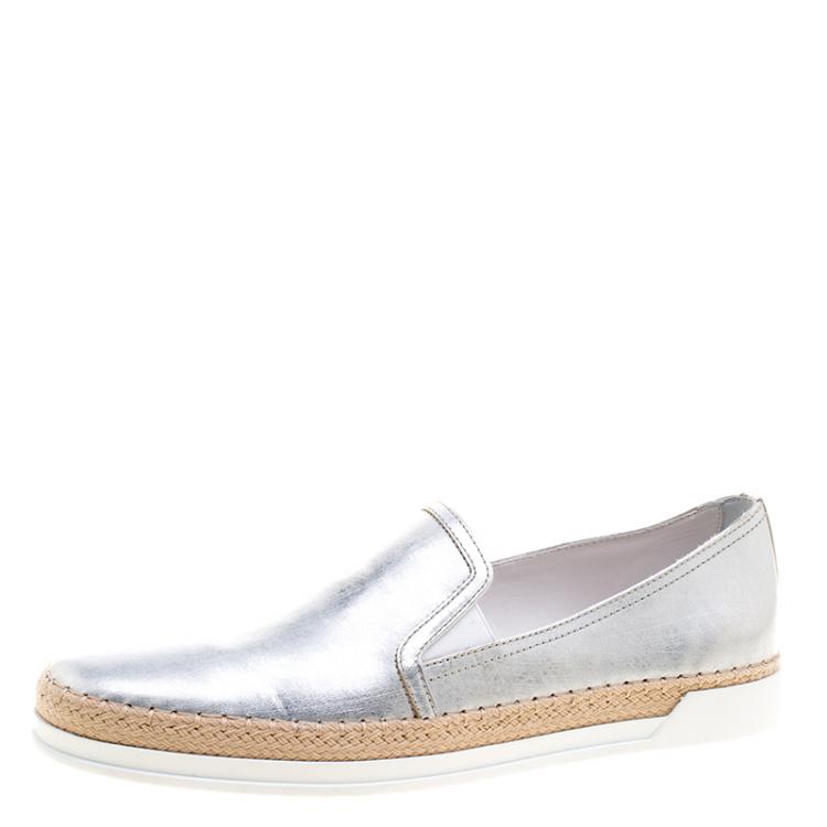 Pre Owned Tod's Metallic Silver Leather Pantofola Espadrille Slip On Sneakers Size 39