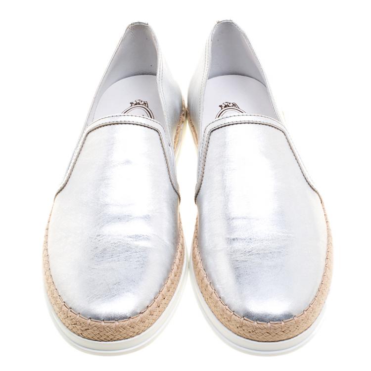Pre Owned Tod's Metallic Silver Leather Pantofola Espadrille Slip On Sneakers Size 39