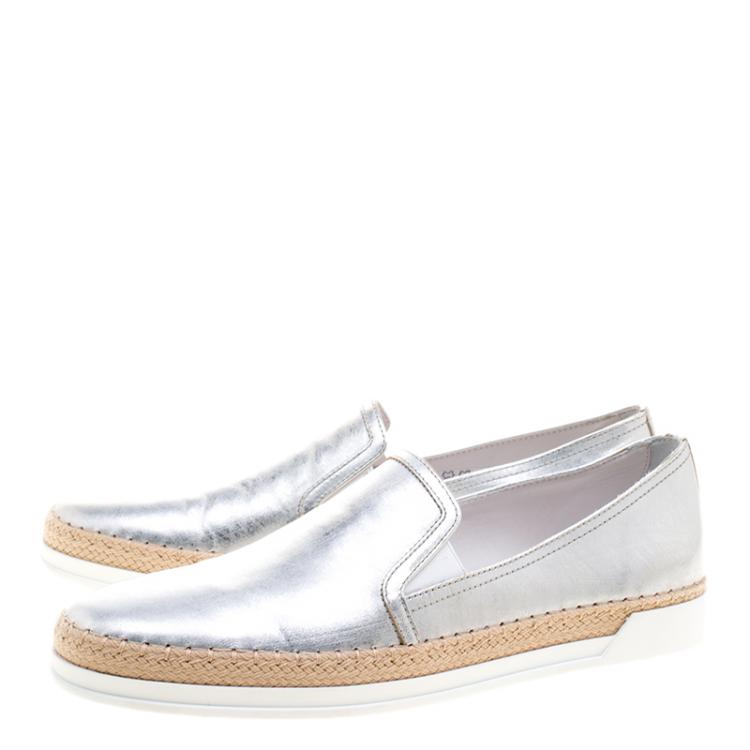 Pre Owned Tod's Metallic Silver Leather Pantofola Espadrille Slip On Sneakers Size 39