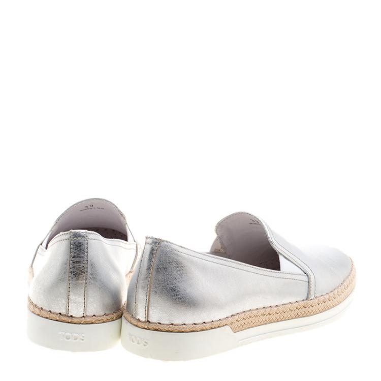 Pre Owned Tod's Metallic Silver Leather Pantofola Espadrille Slip On Sneakers Size 39