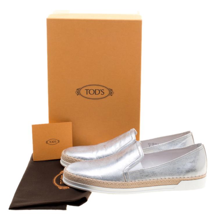 Pre Owned Tod's Metallic Silver Leather Pantofola Espadrille Slip On Sneakers Size 39