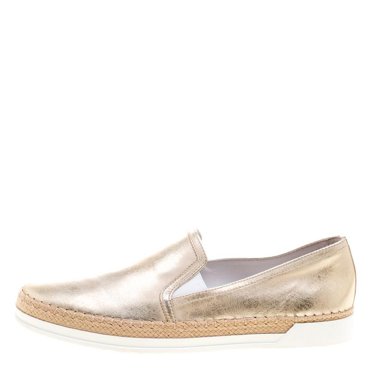 Pre Owned Tod's Metallic Gold Leather Pantofola Espadrille Slip On Sneakers Size 40.5