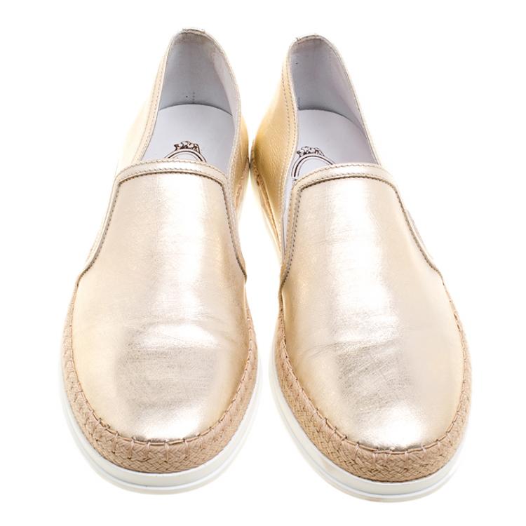 Pre Owned Tod's Metallic Gold Leather Pantofola Espadrille Slip On Sneakers Size 40.5