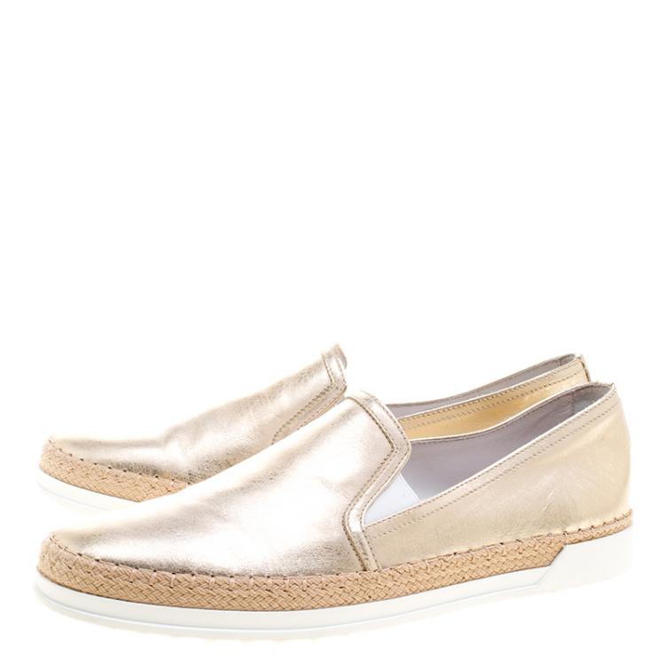 Pre Owned Tod's Metallic Gold Leather Pantofola Espadrille Slip On Sneakers Size 40.5