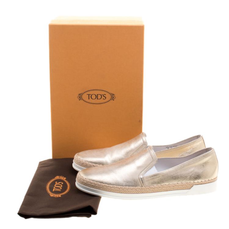 Pre Owned Tod's Metallic Gold Leather Pantofola Espadrille Slip On Sneakers Size 40.5