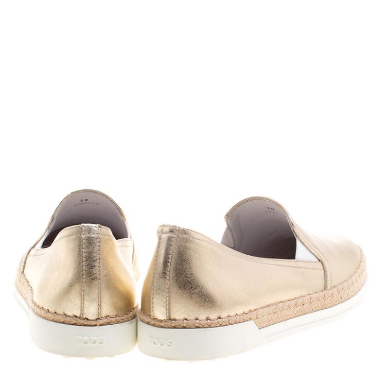 Pre Owned Tod's Metallic Gold Leather Pantofola Espadrille Slip On Sneakers Size 39