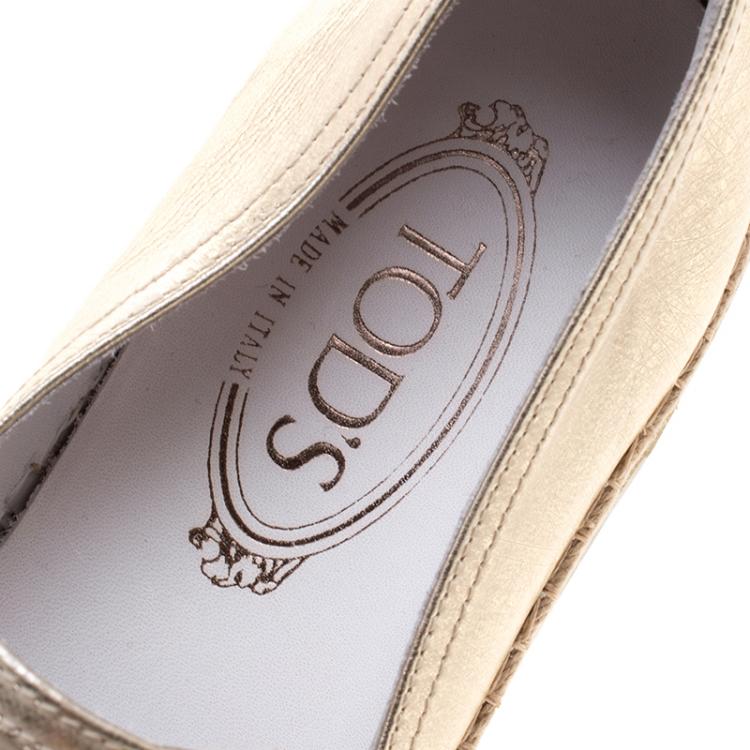 Pre Owned Tod's Metallic Gold Leather Pantofola Espadrille Slip On Sneakers Size 39