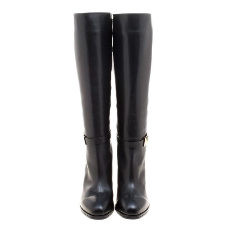 Pre Owned Tod's Black Leather Block Heel Buckle Tall Boots Size 40