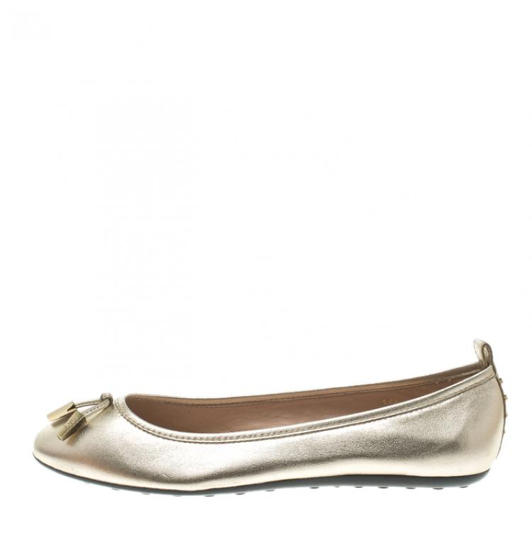 Pre Owned Tod's Metallic Gold Leather Studded Ballet Flats Size 37.5