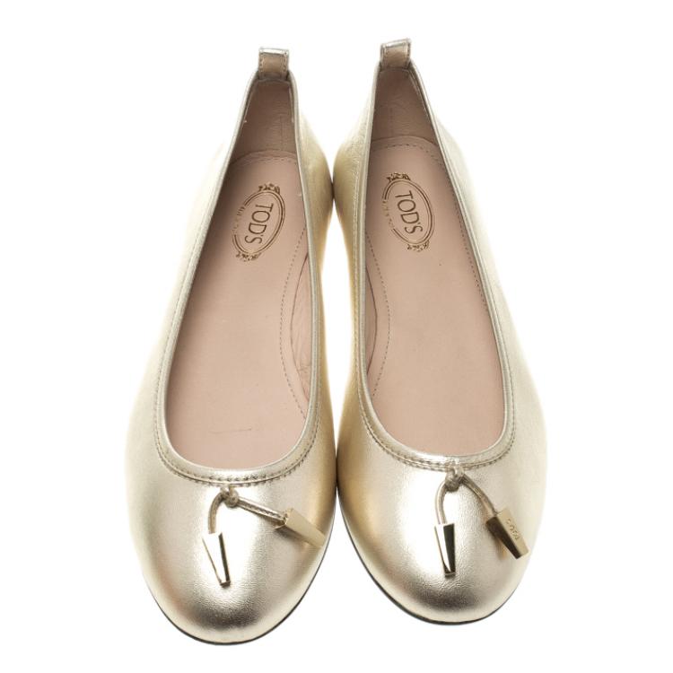 Pre Owned Tod's Metallic Gold Leather Studded Ballet Flats Size 37.5
