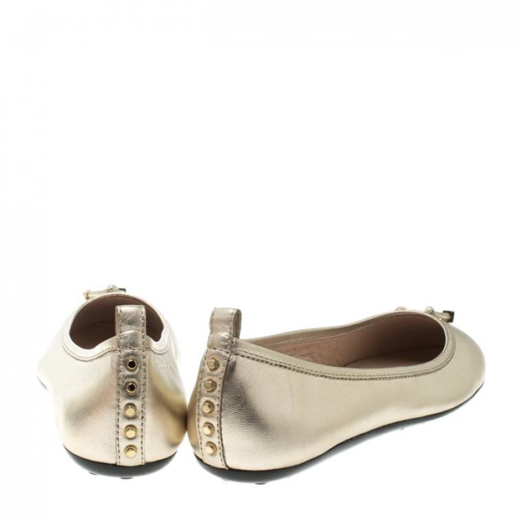 Pre Owned Tod's Metallic Gold Leather Studded Ballet Flats Size 37.5