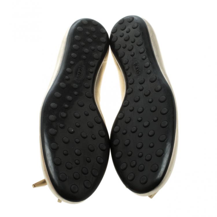 Pre Owned Tod's Metallic Gold Leather Studded Ballet Flats Size 37.5
