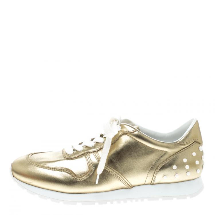 Pre Owned Tod's Metallic Gold Leather Allaciata Studded Sneakers Size 39