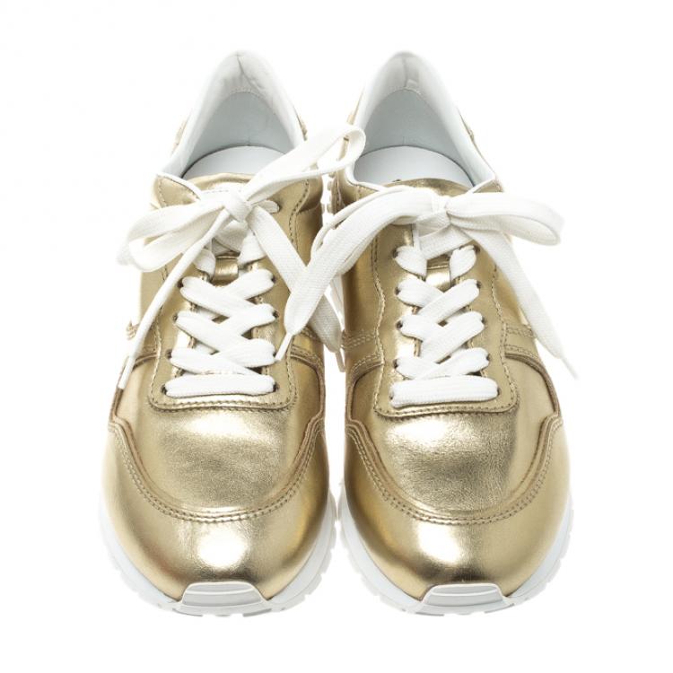 Pre Owned Tod's Metallic Gold Leather Allaciata Studded Sneakers Size 39