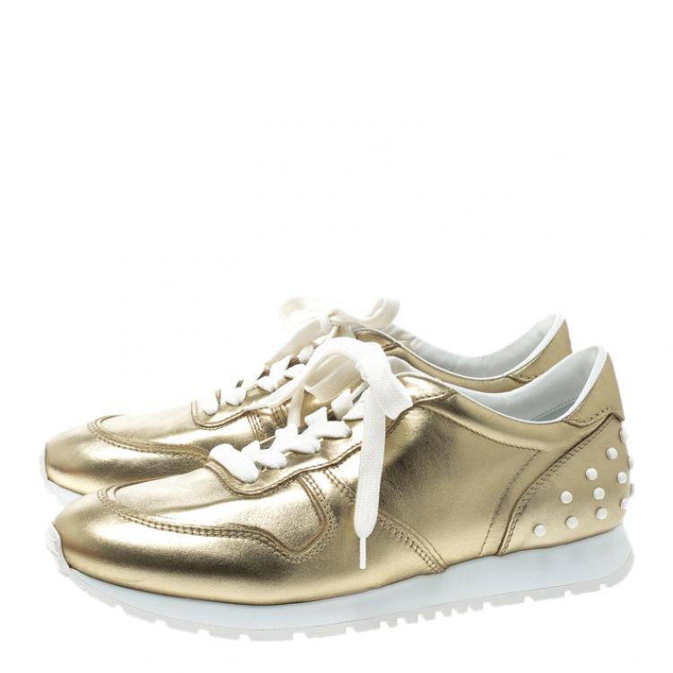 Pre Owned Tod's Metallic Gold Leather Allaciata Studded Sneakers Size 39
