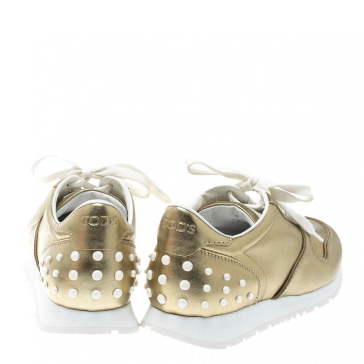 Pre Owned Tod's Metallic Gold Leather Allaciata Studded Sneakers Size 39