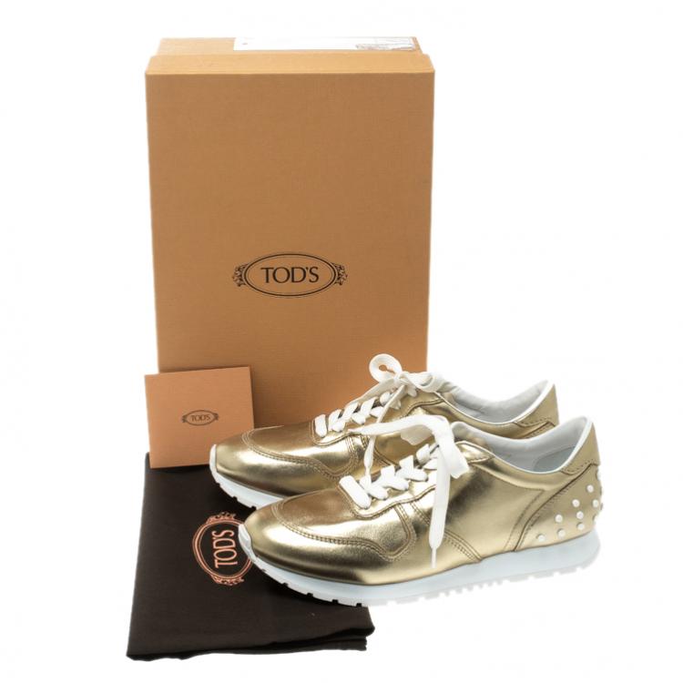 Pre Owned Tod's Metallic Gold Leather Allaciata Studded Sneakers Size 39