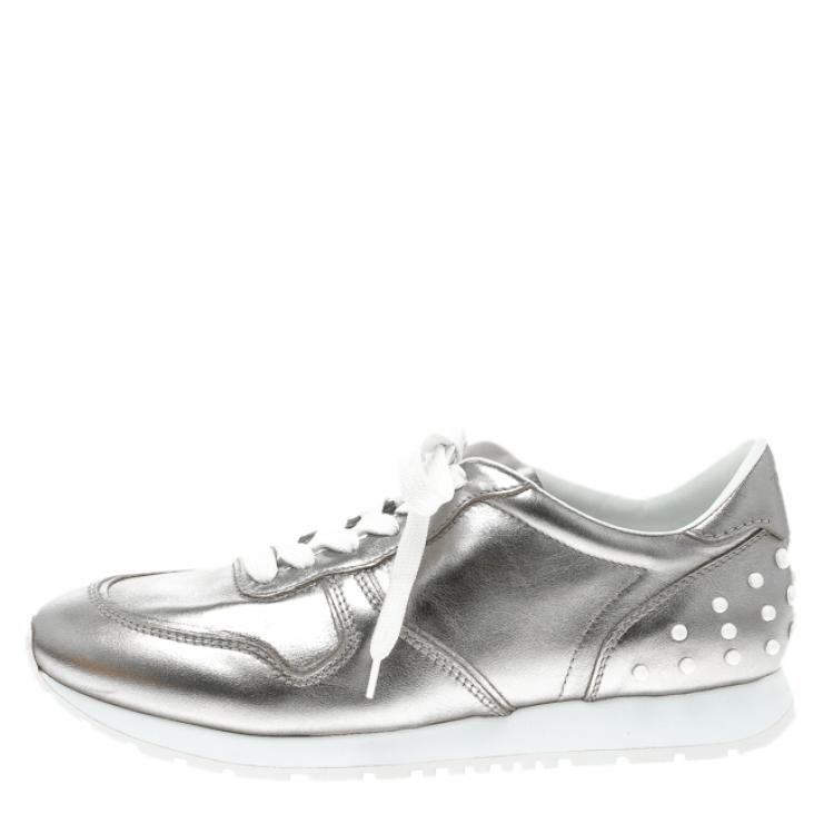 Pre Owned Tod's Metallic Silver Leather Allaciata Studded Sneakers Size 39.5