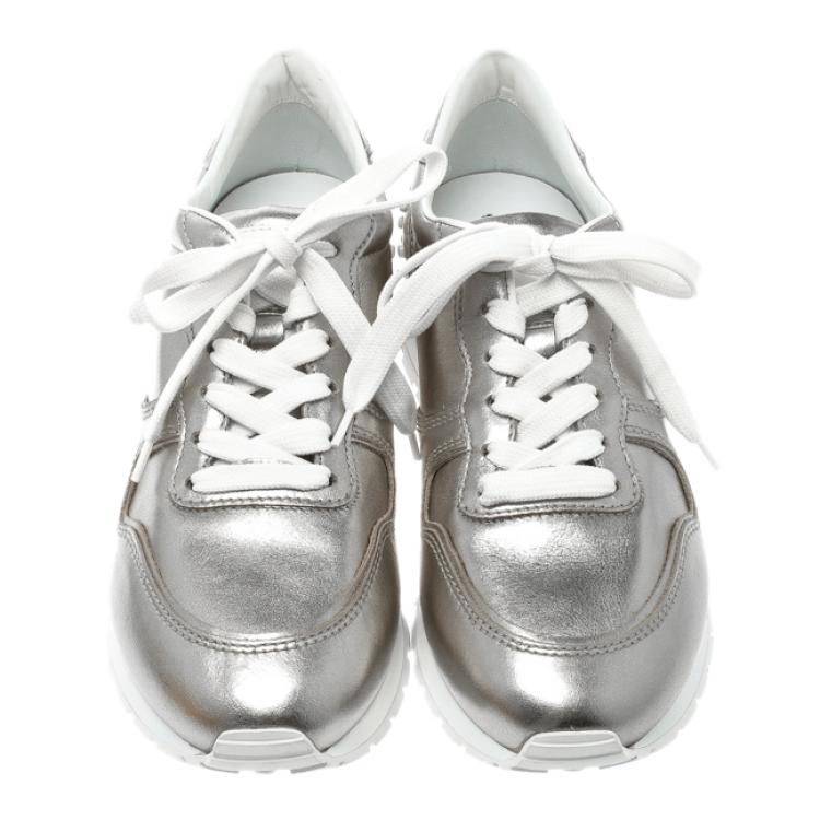 Pre Owned Tod's Metallic Silver Leather Allaciata Studded Sneakers Size 39.5