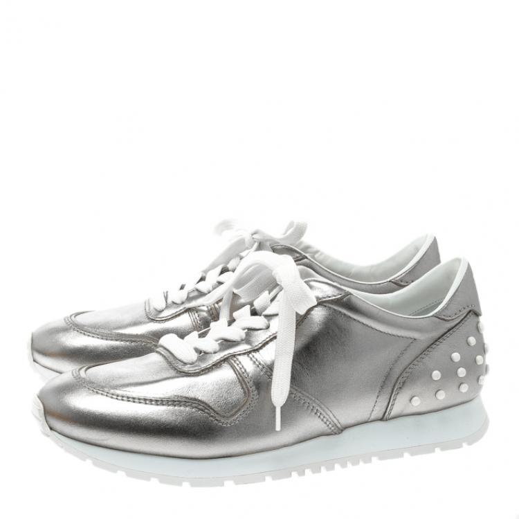 Pre Owned Tod's Metallic Silver Leather Allaciata Studded Sneakers Size 39.5