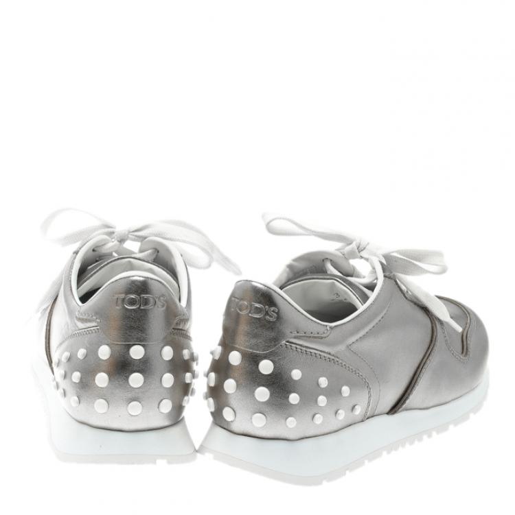 Pre Owned Tod's Metallic Silver Leather Allaciata Studded Sneakers Size 39.5
