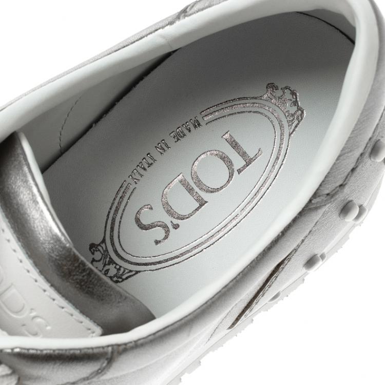 Pre Owned Tod's Metallic Silver Leather Allaciata Studded Sneakers Size 39.5