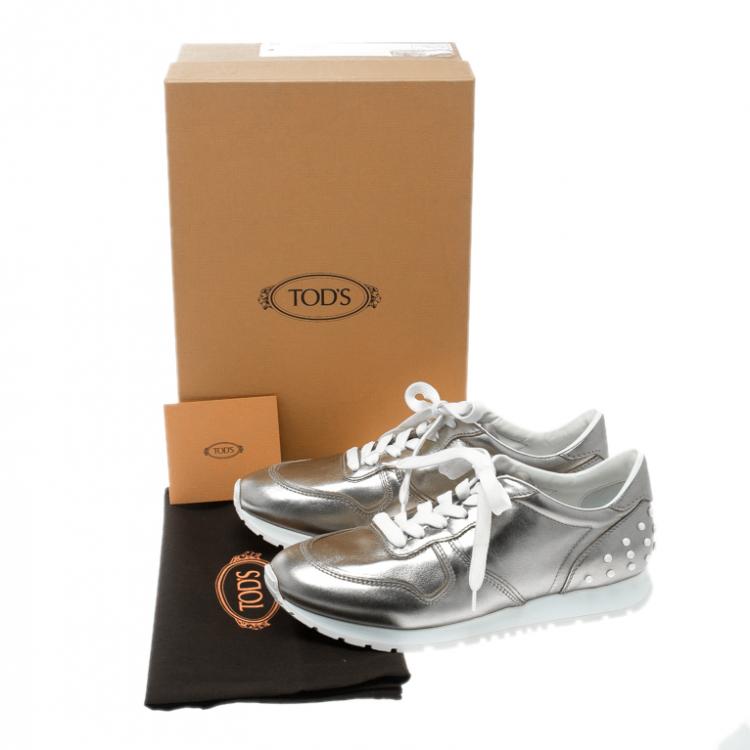 Pre Owned Tod's Metallic Silver Leather Allaciata Studded Sneakers Size 39.5