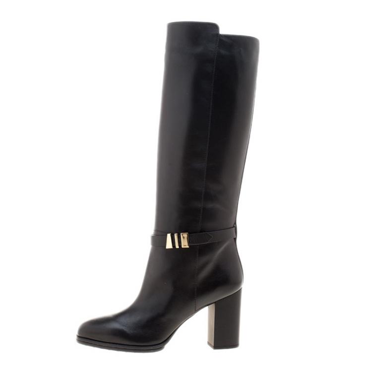 Pre Owned Tod's Black Leather Block Heel Buckle Tall Boots Size 36.5