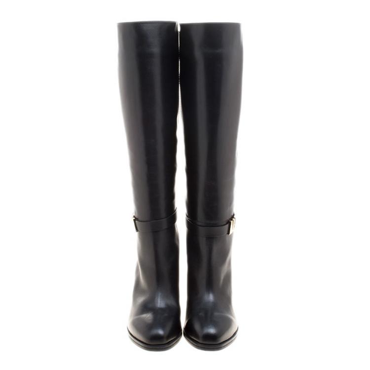 Pre Owned Tod's Black Leather Block Heel Buckle Tall Boots Size 36.5