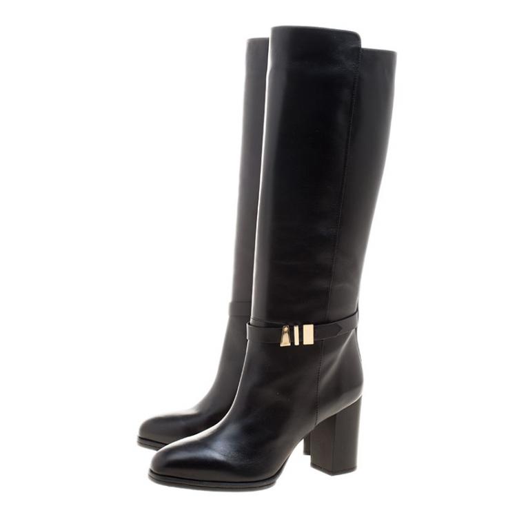 Pre Owned Tod's Black Leather Block Heel Buckle Tall Boots Size 36.5
