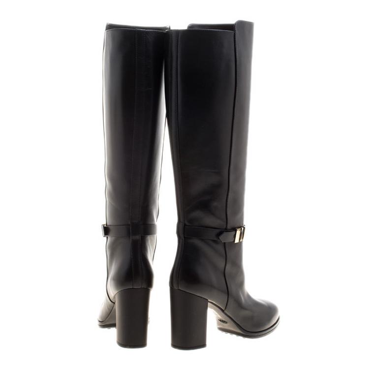 Pre Owned Tod's Black Leather Block Heel Buckle Tall Boots Size 36.5