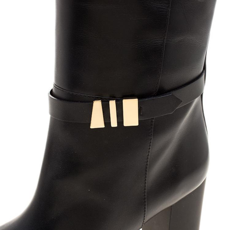 Pre Owned Tod's Black Leather Block Heel Buckle Tall Boots Size 36.5